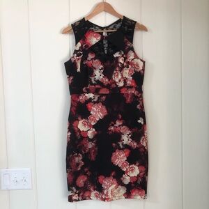 Venus Coral & Black Floral Lace Midi Dress